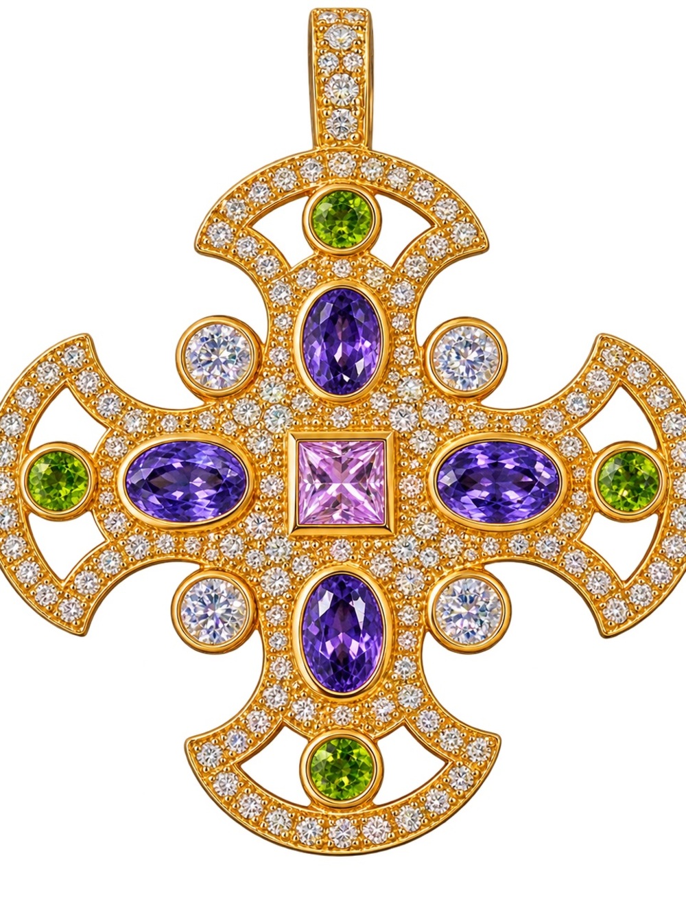 Gold-Tone Cross Pendant Necklace with Purple and Green Gemstones